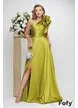 Rochie lunga de ocazie de LUX din tafta lime cu volan maxi pe un umar
