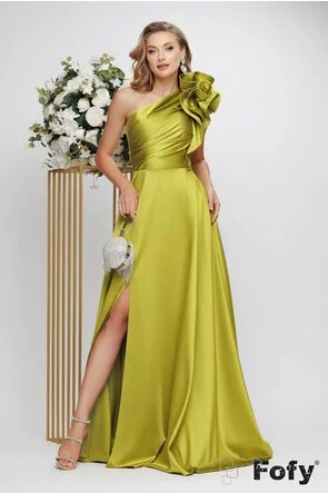 Rochie lunga de ocazie de LUX din tafta lime cu volan maxi pe un umar