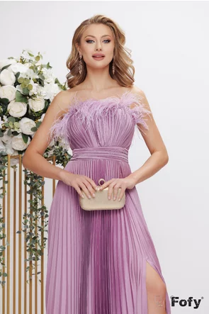 Rochie lunga de ocazie de LUX din tafta plisata lila si corset cu pene