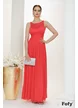Rochie lunga  de ocazie de LUX din tull corai bonbon cu broderie si strasuri pe piept