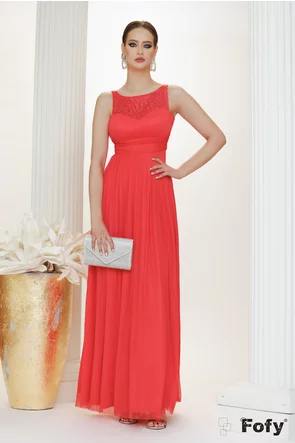 Rochie lunga  de ocazie de LUX din tull corai bonbon cu broderie si strasuri pe piept