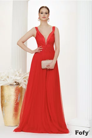  Rochie lunga  de ocazie de LUX din tull rosu cu broderie de dantela si strasuri