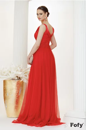  Rochie lunga  de ocazie de LUX din tull rosu cu broderie de dantela si strasuri