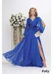 Rochie lunga de ocazie de LUX din voal albastru royal cu decolteu petrecut floare maxi si maneci despicate