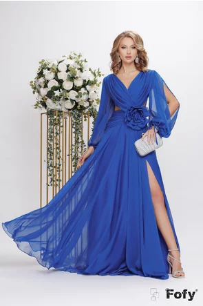 Rochie lunga de ocazie de LUX din voal albastru royal cu decolteu petrecut floare maxi si maneci despicate