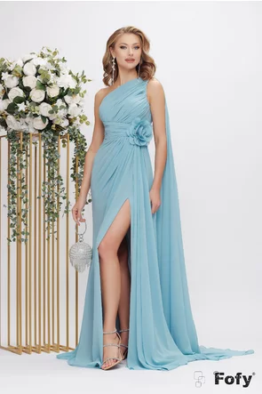 Rochie lunga  de ocazie de LUX din voal bleu azuriu cu fronseuri si floare maxi cu cristale