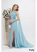 Rochie lunga  de ocazie de LUX din voal bleu azuriu cu fronseuri si floare maxi cu cristale