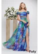 Rochie lunga de ocazie de LUX din voal diafan multicolor albastra cu corset fronsat si flori