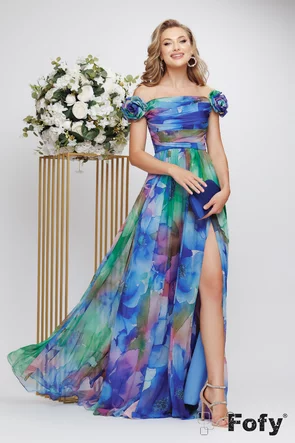 Rochie lunga de ocazie de LUX din voal diafan multicolor albastra cu corset fronsat si flori