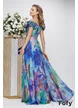 Rochie lunga de ocazie de LUX din voal diafan multicolor albastra cu corset fronsat si flori
