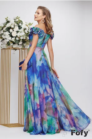 Rochie lunga de ocazie de LUX din voal diafan multicolor albastra cu corset fronsat si flori