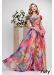 Rochie lunga de ocazie de LUX din voal diafan multicolor cu corset fronsat si flori