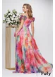 Rochie lunga de ocazie de LUX din voal diafan multicolor cu corset fronsat si flori