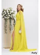 Rochie lunga  de ocazie de LUX din voal galben lime cu fronseuri si floare maxi cu cristale
