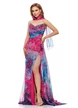 Rochie lunga de ocazie de LUX din voal imprimeu floral magenta cu corset spectaculos cu cristale si esarfa