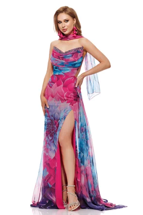 Rochie lunga de ocazie de LUX din voal imprimeu floral magenta cu corset spectaculos cu cristale si esarfa