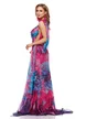Rochie lunga de ocazie de LUX din voal imprimeu floral magenta cu corset spectaculos cu cristale si esarfa