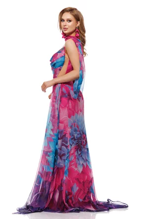 Rochie lunga de ocazie de LUX din voal imprimeu floral magenta cu corset spectaculos cu cristale si esarfa
