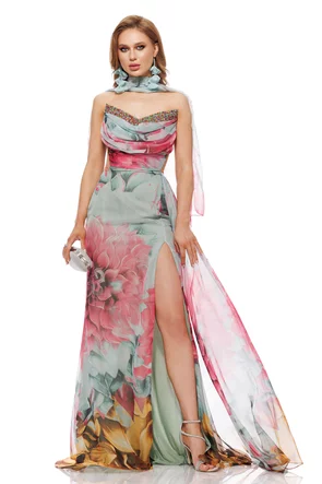 Rochie lunga de ocazie de LUX din voal imprimeu floral verde menta cu corset spectaculos cu cristale si esarfa