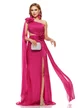 Rochie lunga de ocazie de LUX din voal magenta usor sidefat cu fronseuri si flori maxi cu cristale