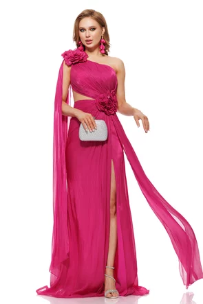 Rochie lunga de ocazie de LUX din voal magenta usor sidefat cu fronseuri si flori maxi cu cristale