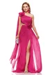 Rochie lunga de ocazie de LUX din voal magenta usor sidefat cu fronseuri si flori maxi cu cristale