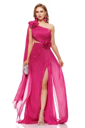 Rochie lunga de ocazie de LUX din voal magenta usor sidefat cu fronseuri si flori maxi cu cristale