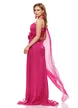 Rochie lunga de ocazie de LUX din voal magenta usor sidefat cu fronseuri si flori maxi cu cristale