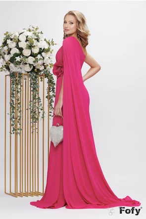 Rochie lunga  de ocazie de LUX din voal roz fucsia cu fronseuri si floare maxi cu cristale
