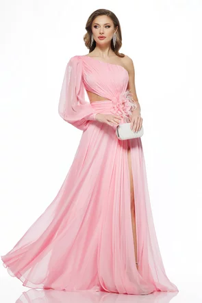 Rochie lunga de ocazie de LUX din voal roz pe un umar floare maxi cu pene si corset buretat