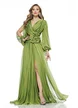Rochie lunga de ocazie de LUX din voal verde fistic cu decolteu petrecut floare maxi si maneci despicate