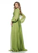 Rochie lunga de ocazie de LUX din voal verde fistic cu decolteu petrecut floare maxi si maneci despicate