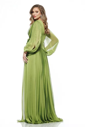 Rochie lunga de ocazie de LUX din voal verde fistic cu decolteu petrecut floare maxi si maneci despicate