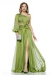 Rochie lunga de ocazie de LUX din voal verde fistic pe un umar floare maxi cu pene si corset buretat