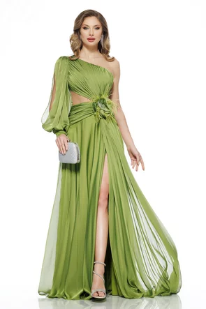 Rochie lunga de ocazie de LUX din voal verde fistic pe un umar floare maxi cu pene si corset buretat