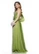 Rochie lunga de ocazie de LUX din voal verde fistic pe un umar floare maxi cu pene si corset buretat