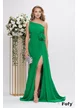 Rochie lunga  de ocazie de LUX din voal verde smarald cu corset oblic floare cu cristale si trena