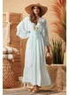 Rochie lunga de vara aqua decoltata din vascoza cu maneca fluture broderie spectaculoasa