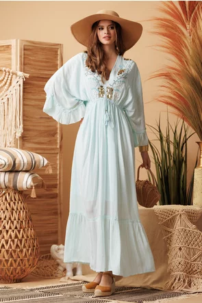 Rochie lunga de vara aqua decoltata din vascoza cu maneca fluture broderie spectaculoasa