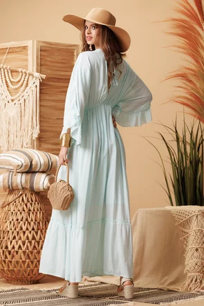 Rochie lunga de vara aqua decoltata din vascoza cu maneca fluture broderie spectaculoasa