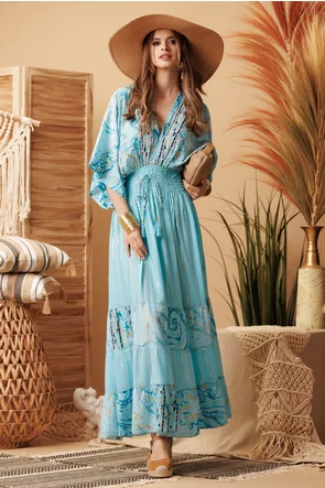 Rochie lunga de vara decoltata din matase naturala turcoaz cu talie cambrata pe elastice brodata cu margele