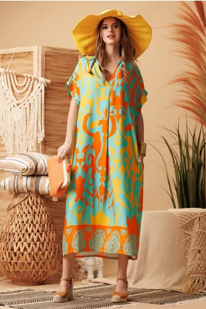 Rochie lunga de vara decoltata din vascoza racoroasa imprimeu boho 