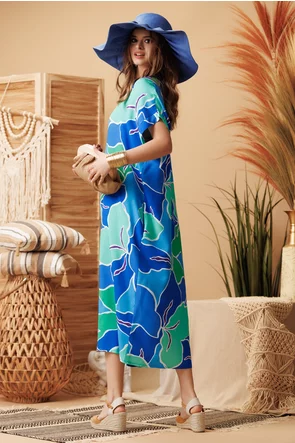 Rochie lunga de vara decoltata din vascoza racoroasa imprimeu tonic