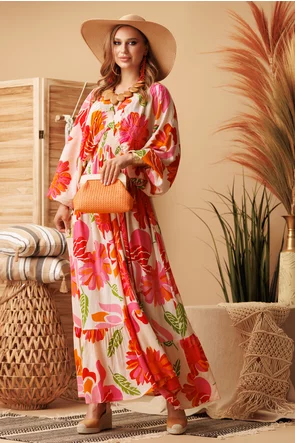Rochie lunga de vara spectaculoasa decoltata din vascoza brodata ciclame cu maneca fluture
