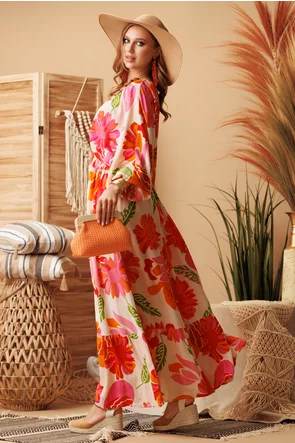 Rochie lunga de vara spectaculoasa decoltata din vascoza brodata ciclame cu maneca fluture
