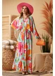 Rochie lunga de vara spectaculoasa decoltata din vascoza brodata turcoaz cu maneca fluture