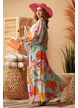Rochie lunga de vara spectaculoasa decoltata din vascoza brodata turcoaz cu maneca fluture