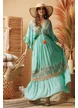 Rochie lunga de vara verde decoltata din vascoza cu maneca fluture broderie spectaculoasa si dungi aurii