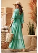 Rochie lunga de vara verde decoltata din vascoza cu maneca fluture broderie spectaculoasa si dungi aurii