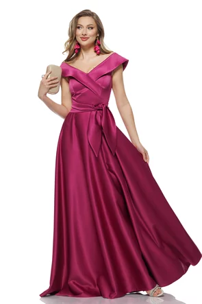 Rochie lungă elegantă Fofy din tafta magenta premium cu decolteu pe umeri si buzunare